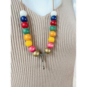 Colorful Wooden Bead Necklace With Brass Accents & Arrow Pendant On Leather Cord